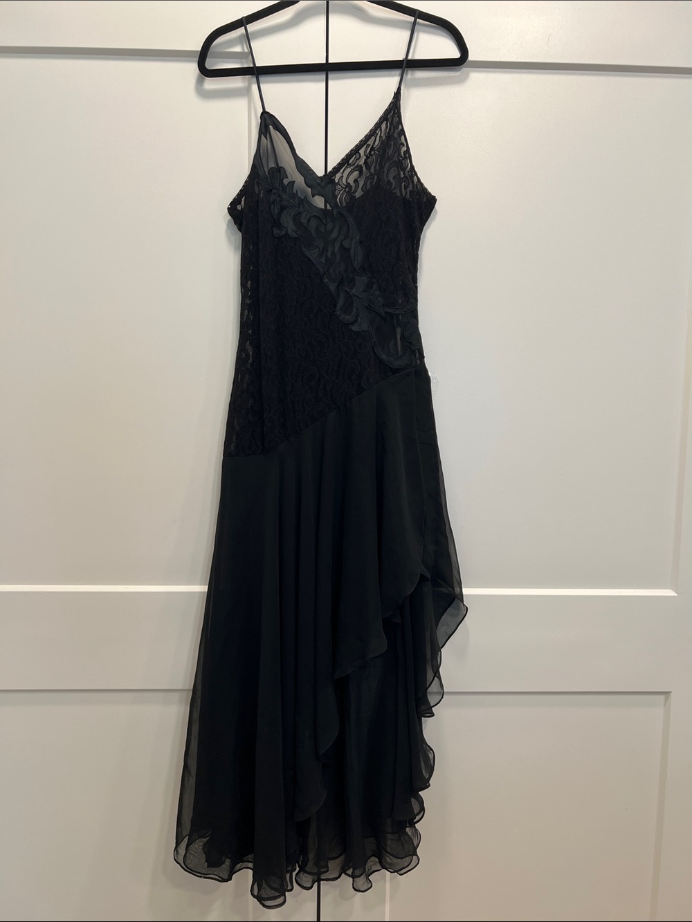 Y2k whimsical gothic Black Lace & Chiffon Slip Dress with Ruffle Detail